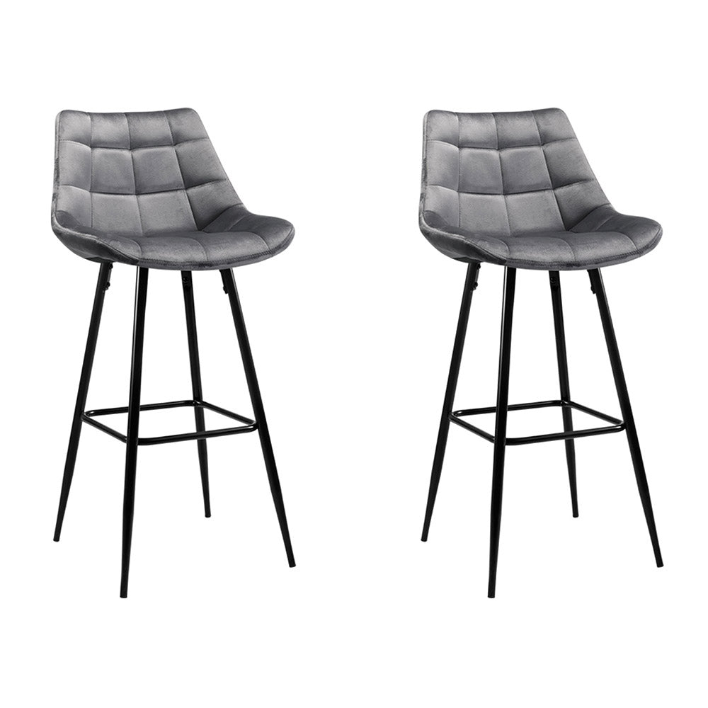 2x Bar Stools Velvet Chairs Grey