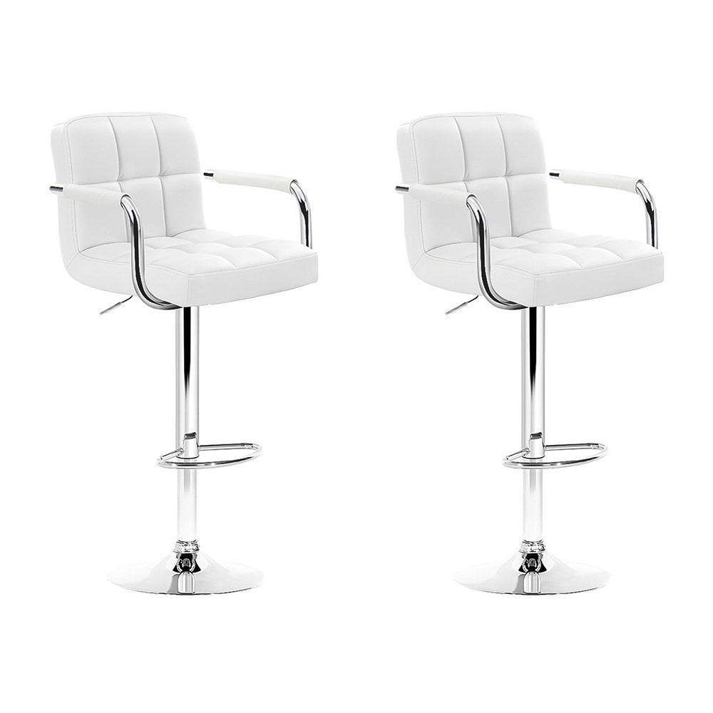 2x Bar Stools Leather Gas Lift w/Armrest White