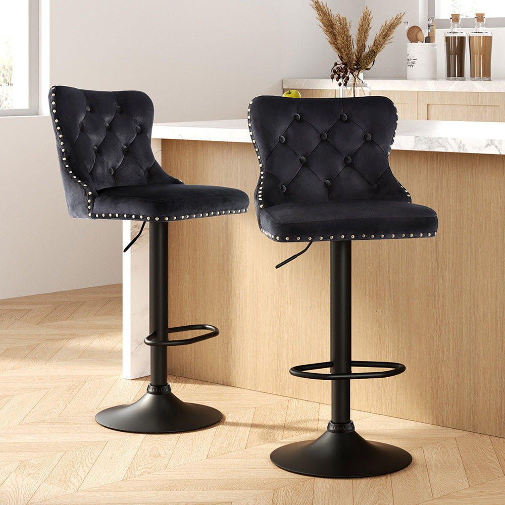 2x Velvet Bar Stool Adjustable Height Nailhead Trim Kitchen Counter Stool