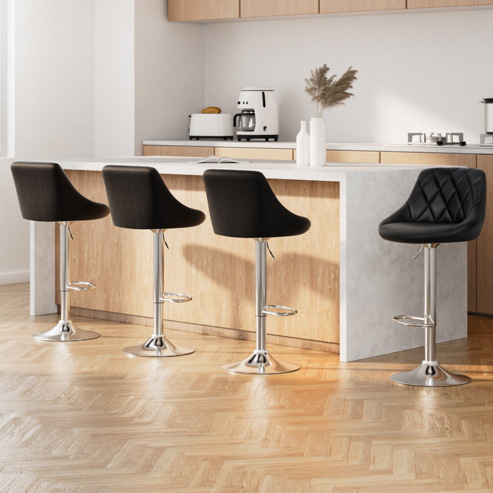 4x Bar Stools Leather Padded Gas Lift Black