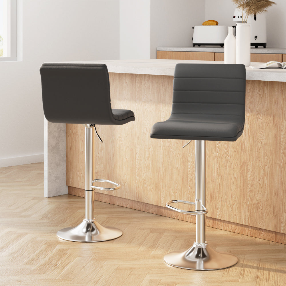 2x Bar Stools Padded Leather Gas Lift Grey