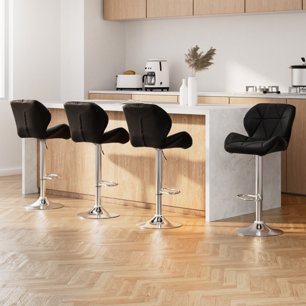 4x Bar Stools Gas Lift Padded Leather Black
