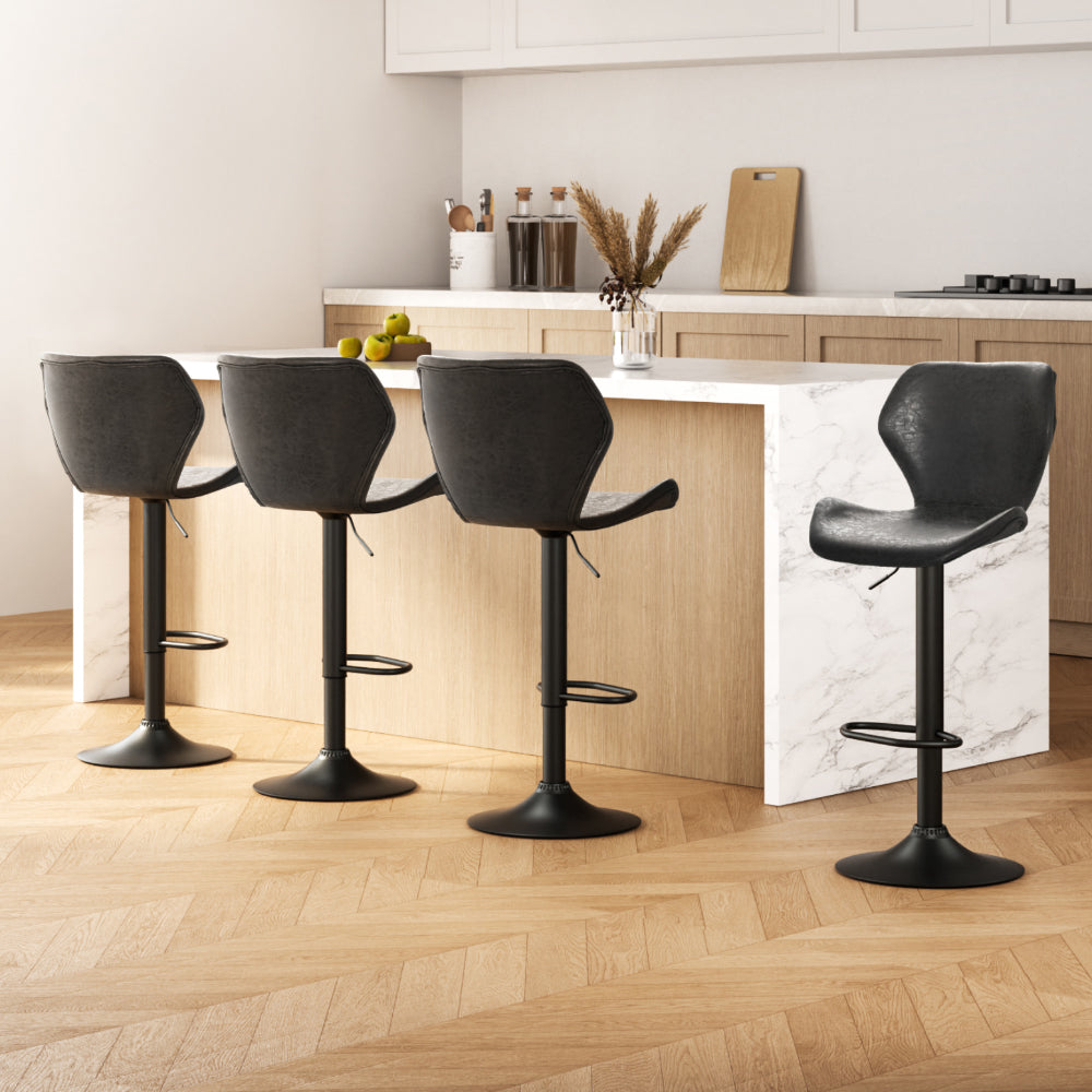 4x Bar Stools Vintage Leather Gas Lift Black