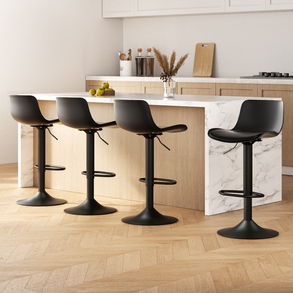 4x Bar Stools Padded Seat Gas Lift Black