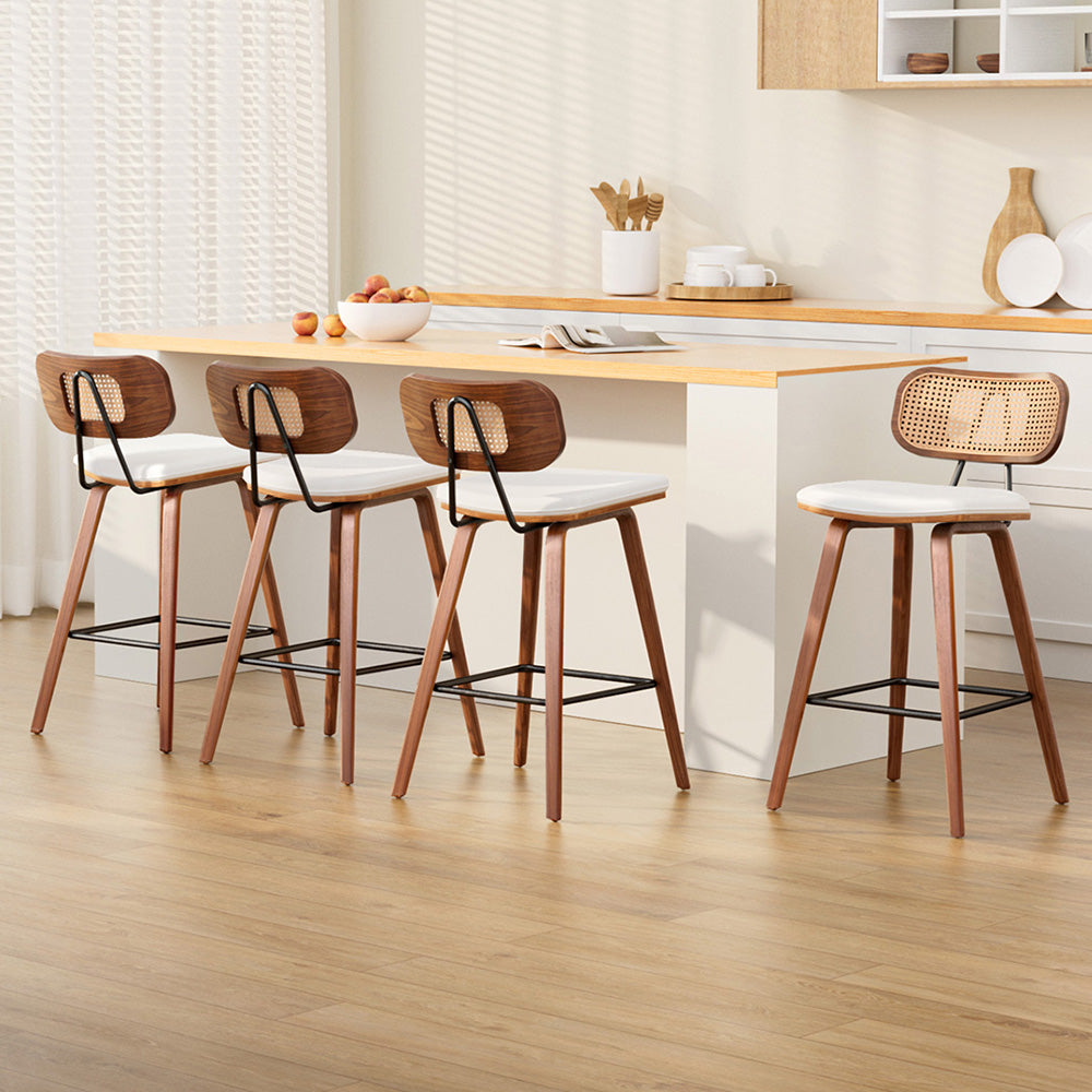 4x Bar Stools Kitchen Counter Rattan Chairs PU Leather Padding