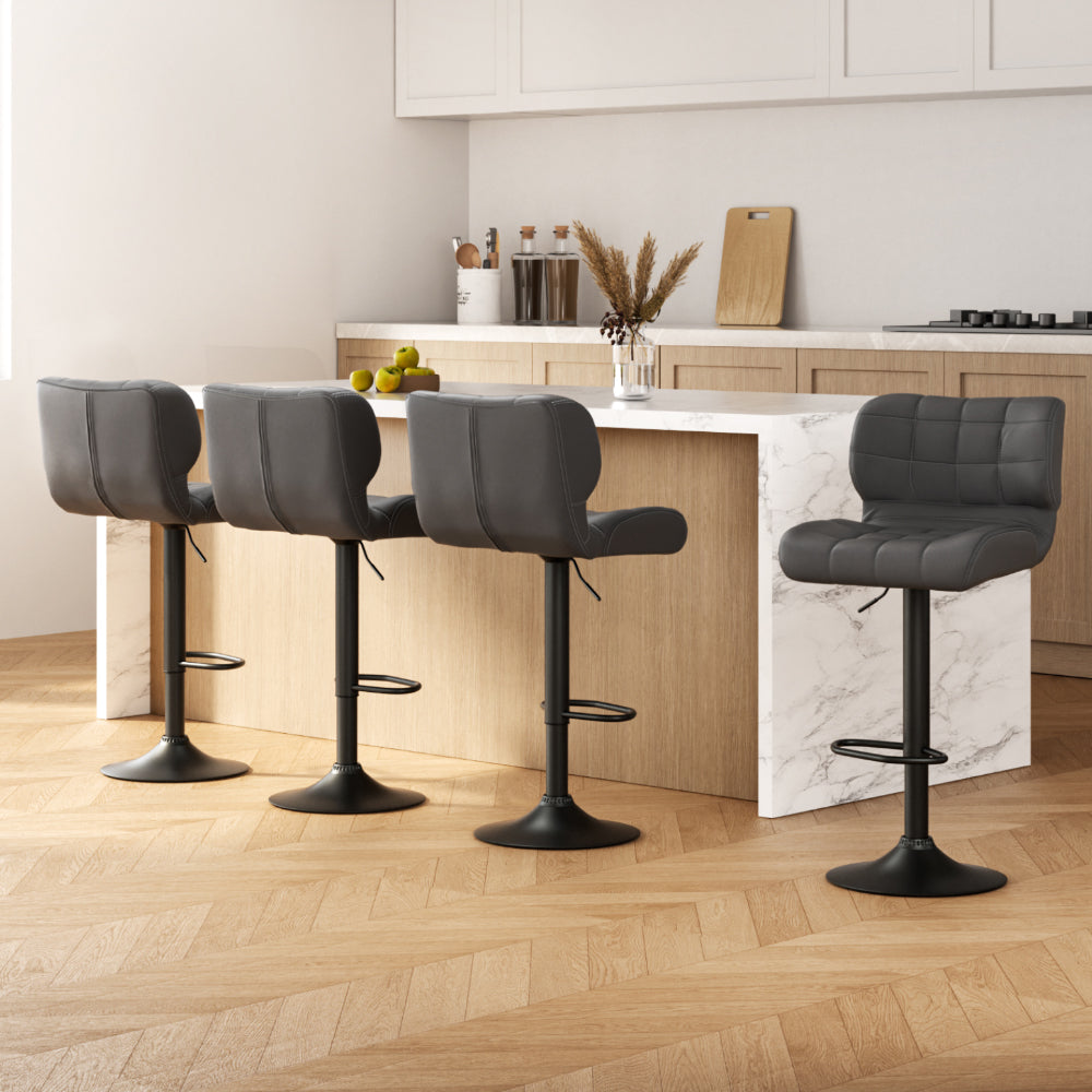 4x Bar Stools Gas Lift Leather Padded Grey
