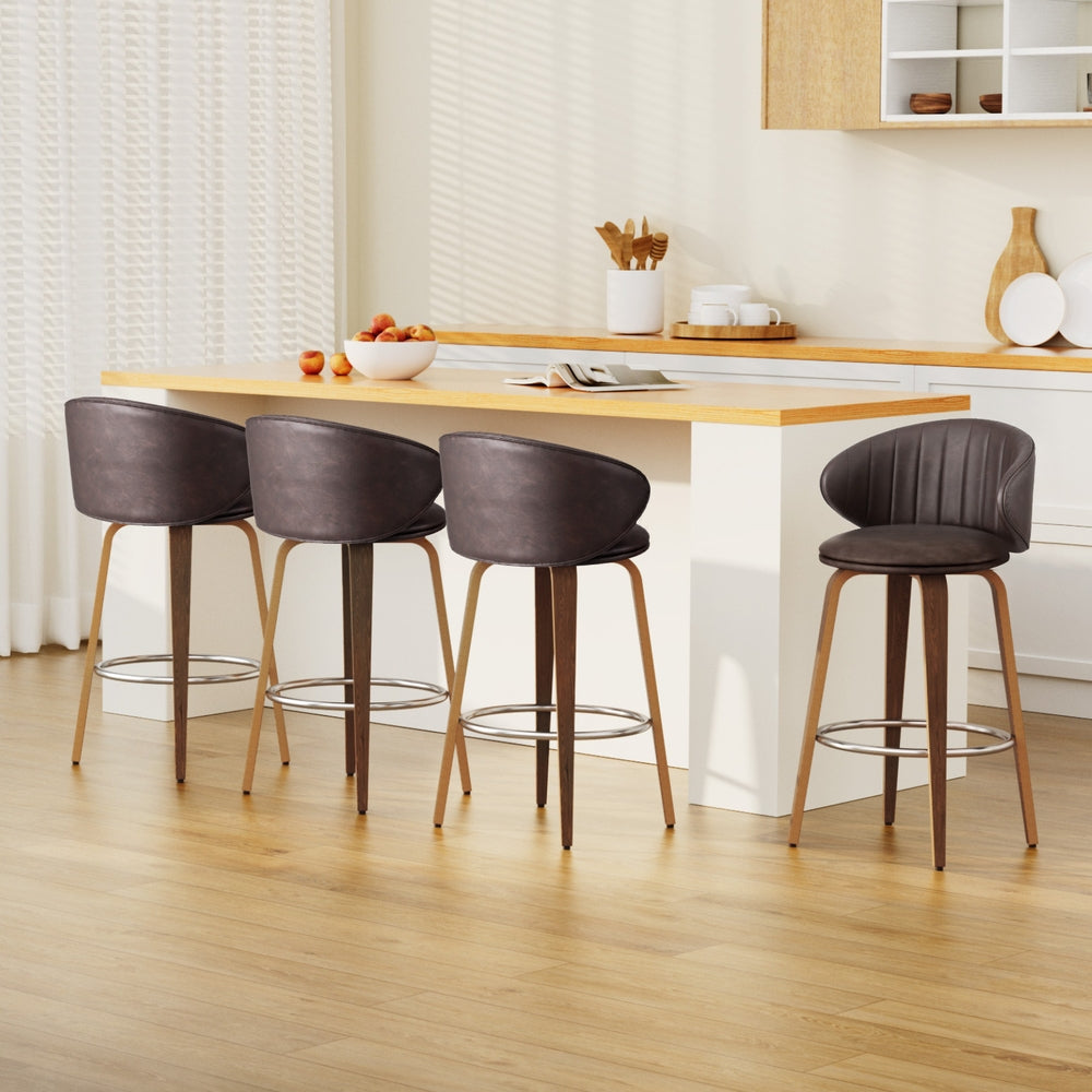 4x Bar Stools Dining Chairs Contoured Leather Wood Stool