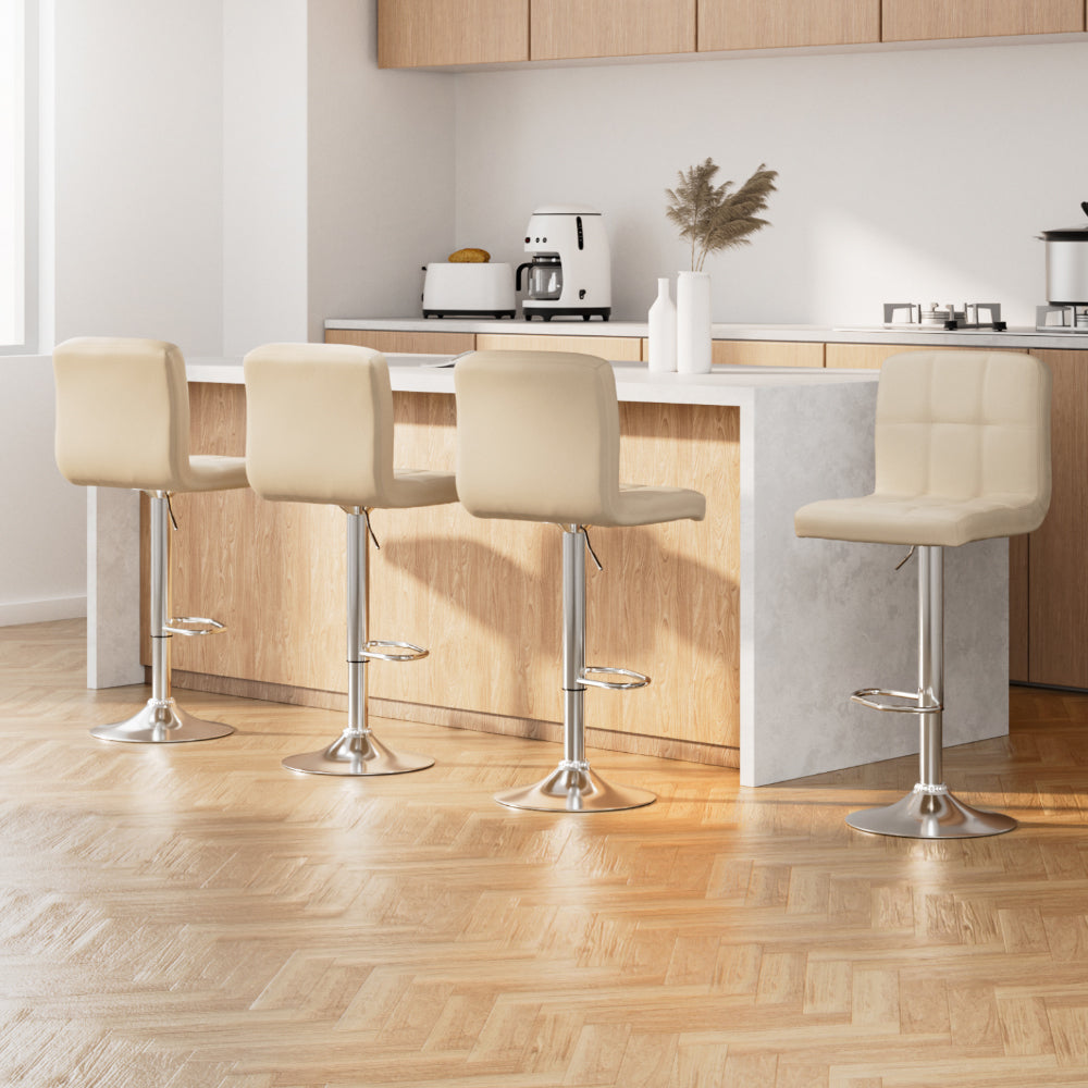4x Bar Stools Leather Gas Lift Beige
