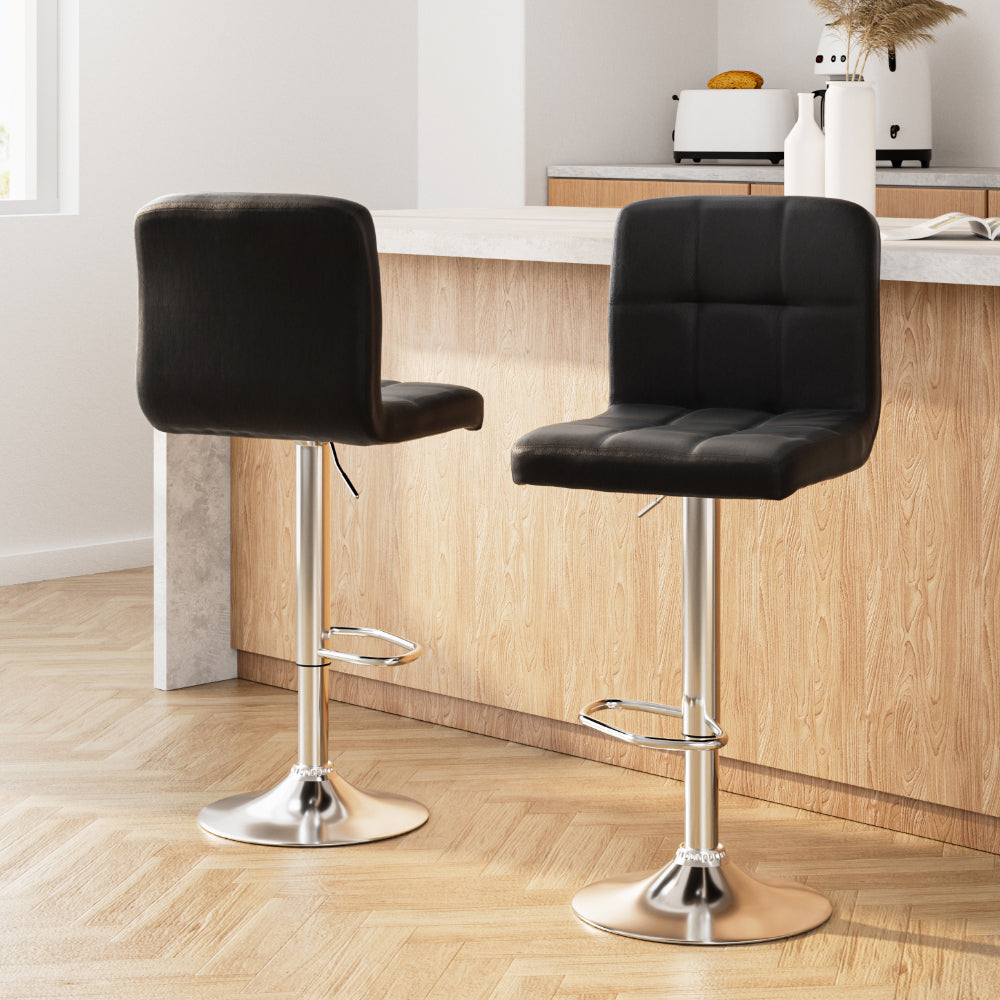 2x Bar Stools Leather Gas Lift Black