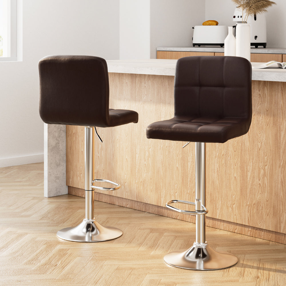 2x Bar Stools Leather Gas Lift Brown