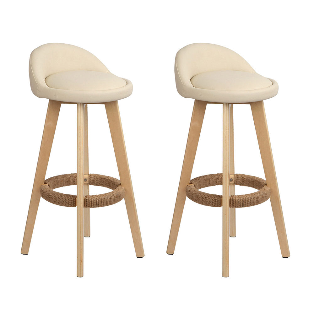 2x Bar Stools Padded Leather Wooden Beige