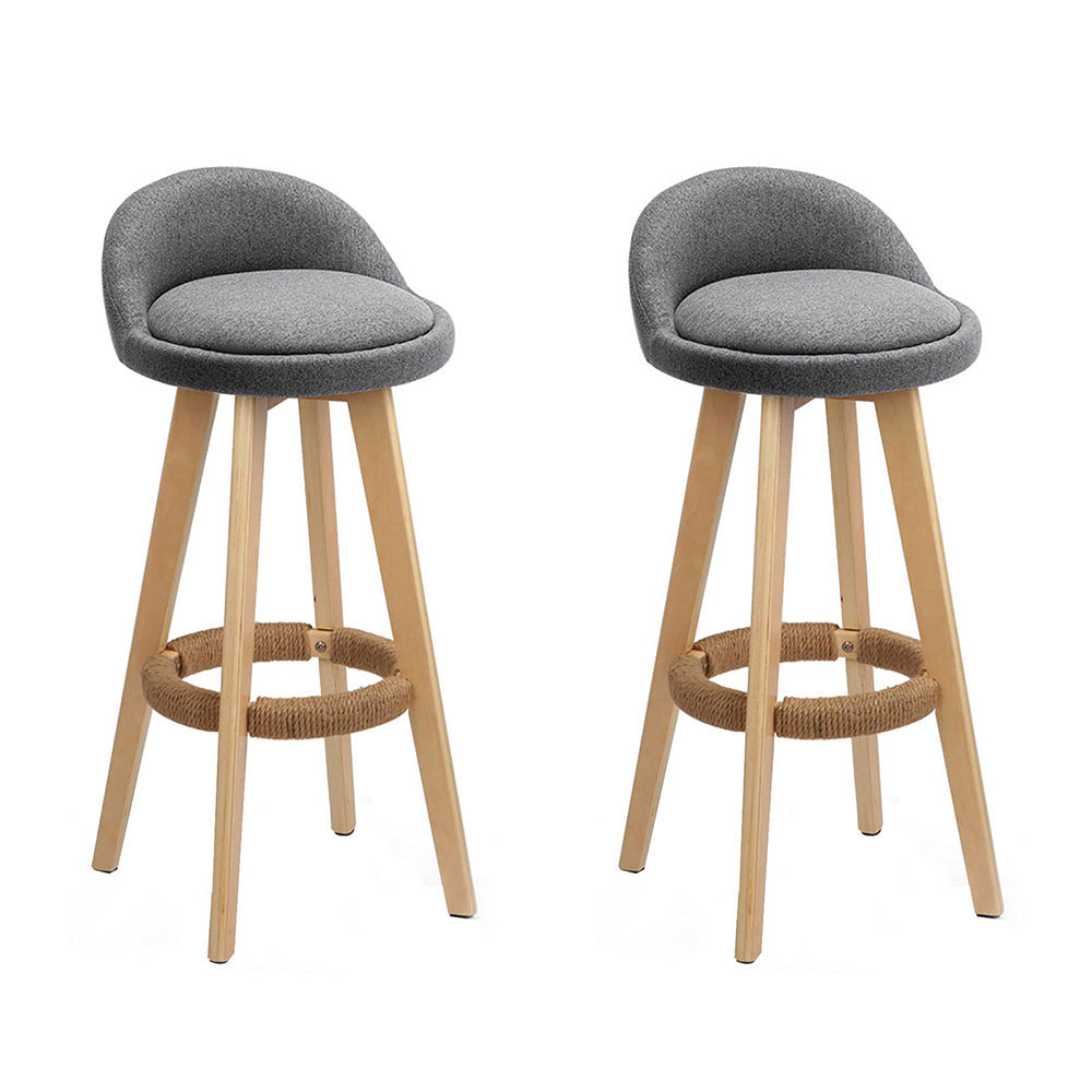 2x Bar Stools Padded Linen Wooden Grey