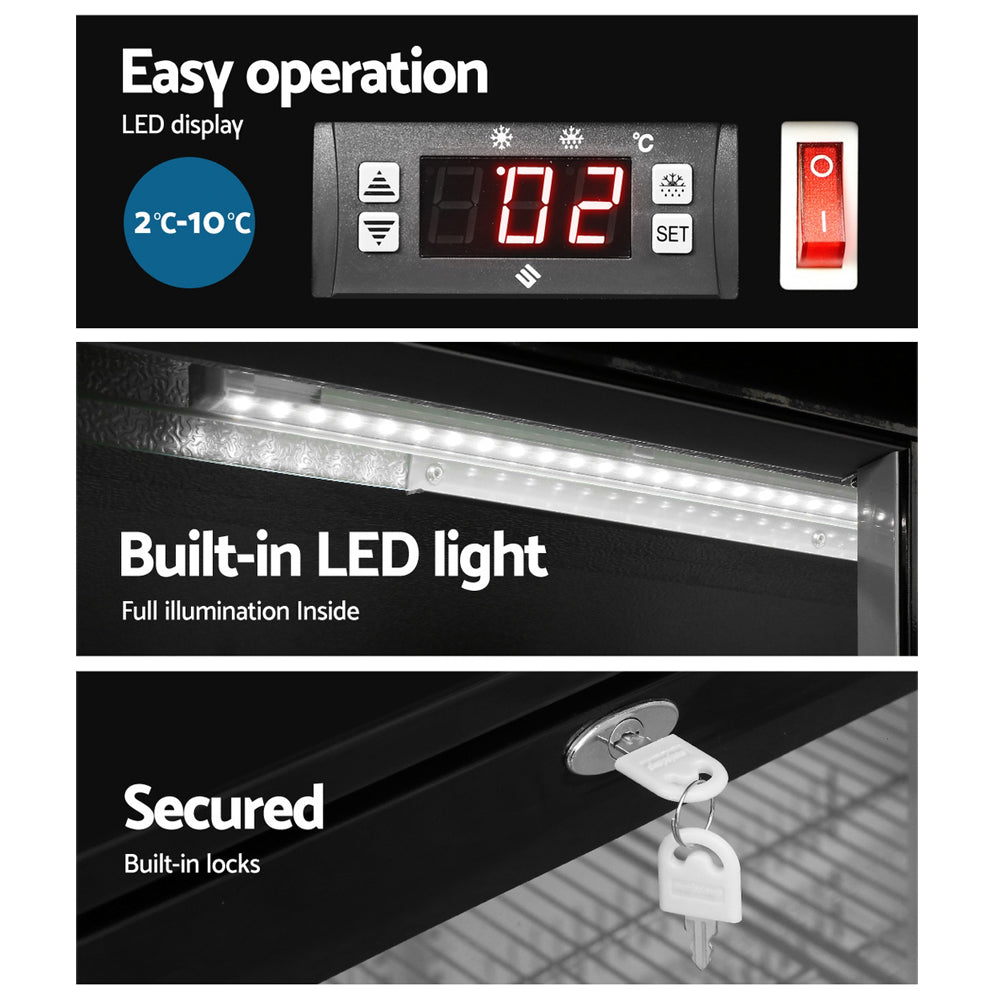 198L Bar Fridge Dual Glass Door w/Light Black