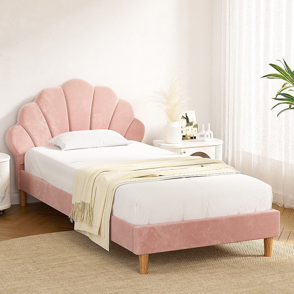 Bed Frame King Single Size Scallop-Shape Bedhead Beds Base Pink Velvet Fabric