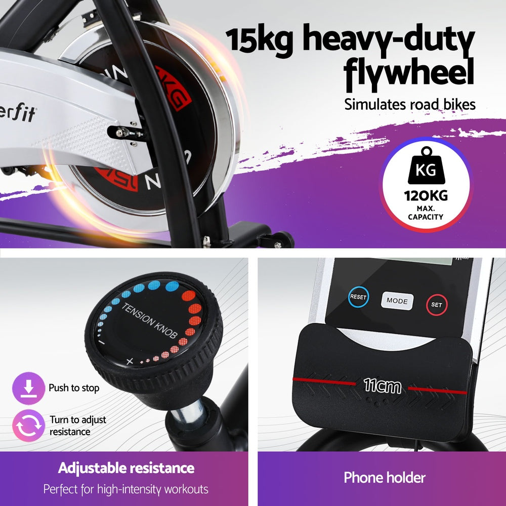 15kg Flywheel Spin Bike Exercise Bike Home Gym Fitness 120KG Capacity