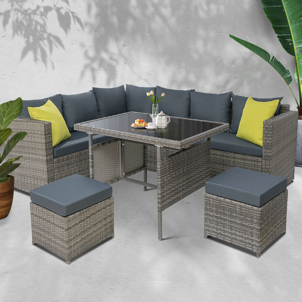 Outdoor Dining Set Aluminum Table Chairs Wicker Setting Grey