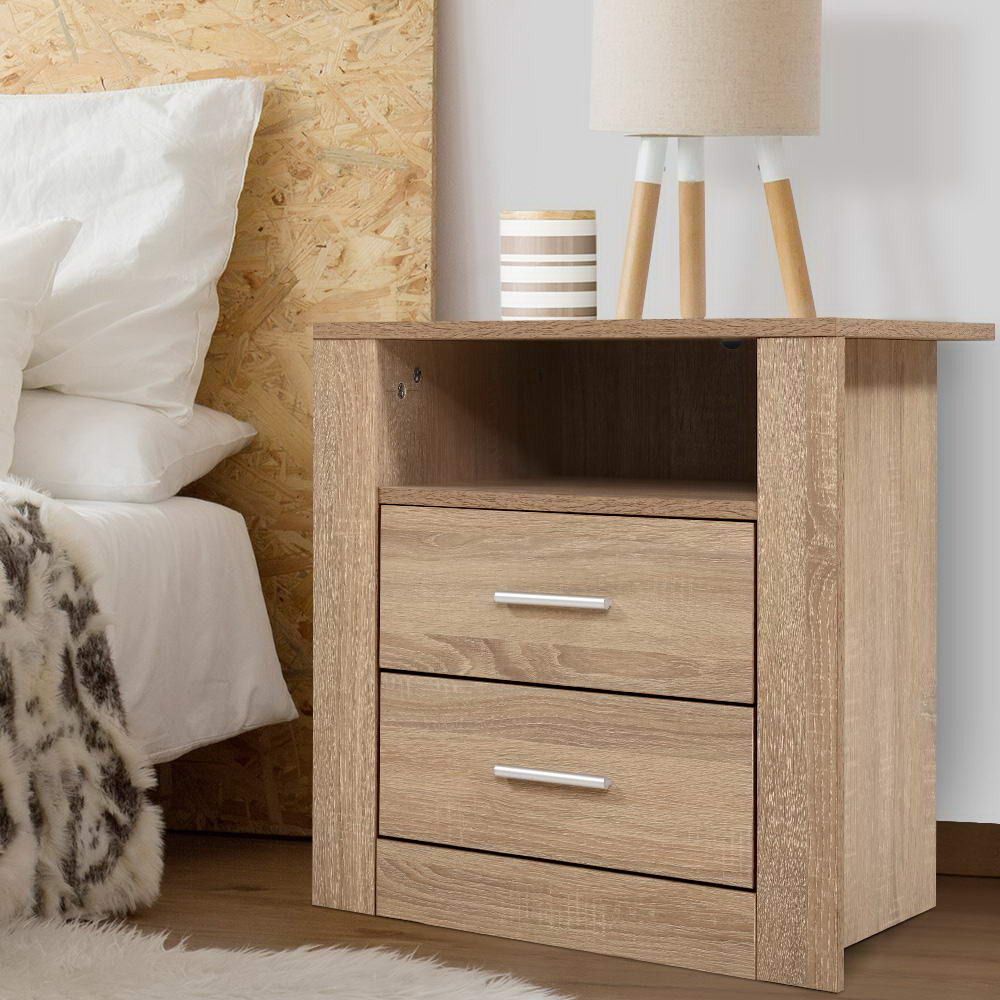 Bedside Table 2 Drawers with Shelf - TARA Oak