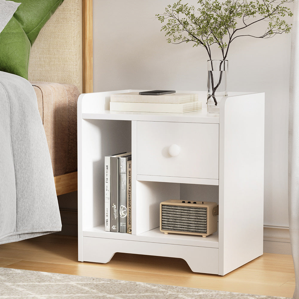 Bedside Table Drawer Nightstand Side End Table Storage Open Shelf White