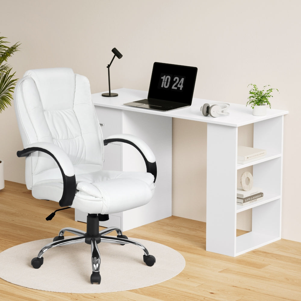 Computer Desk 120cm Executive Office Chair Set PU Leather High Back White