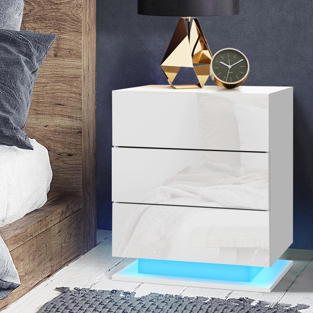 Bedside Table LED 3 Drawers - MORI White