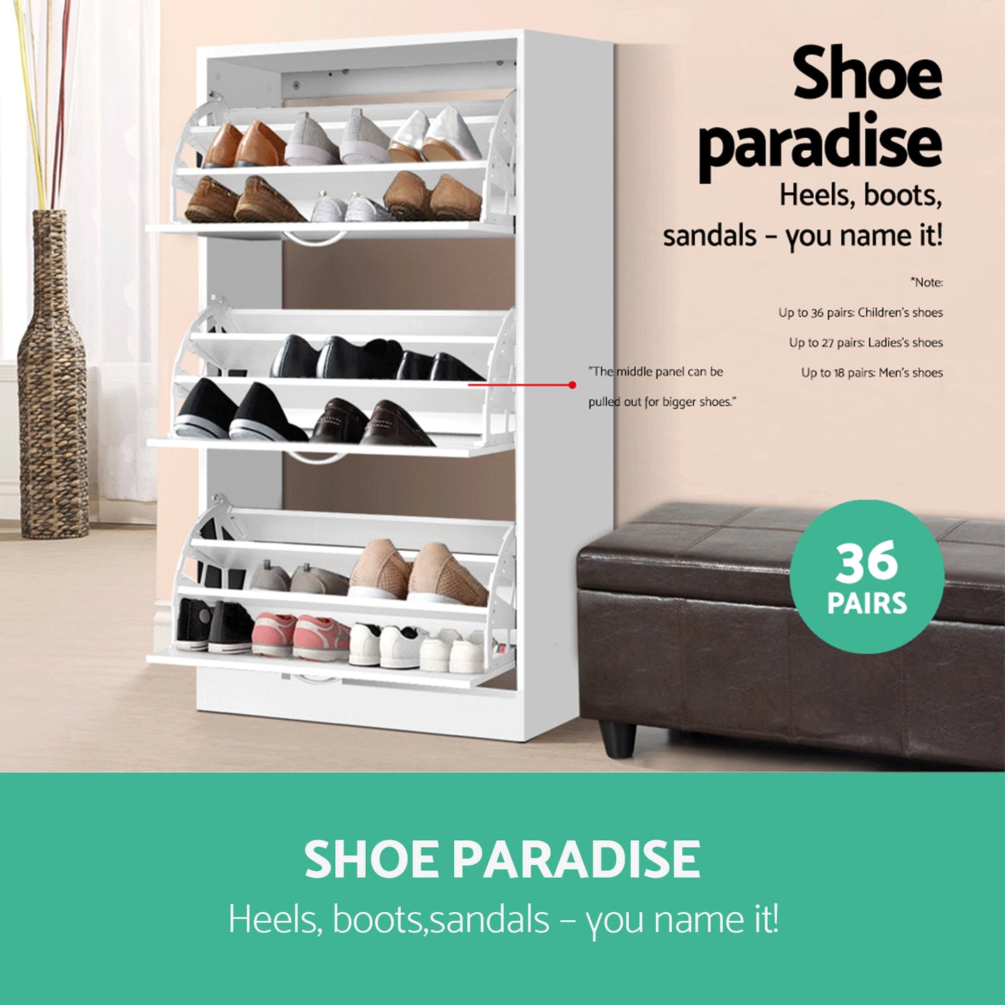 Shoe Rack Cabinet 36 Pairs Adjustable Shelves Ivy