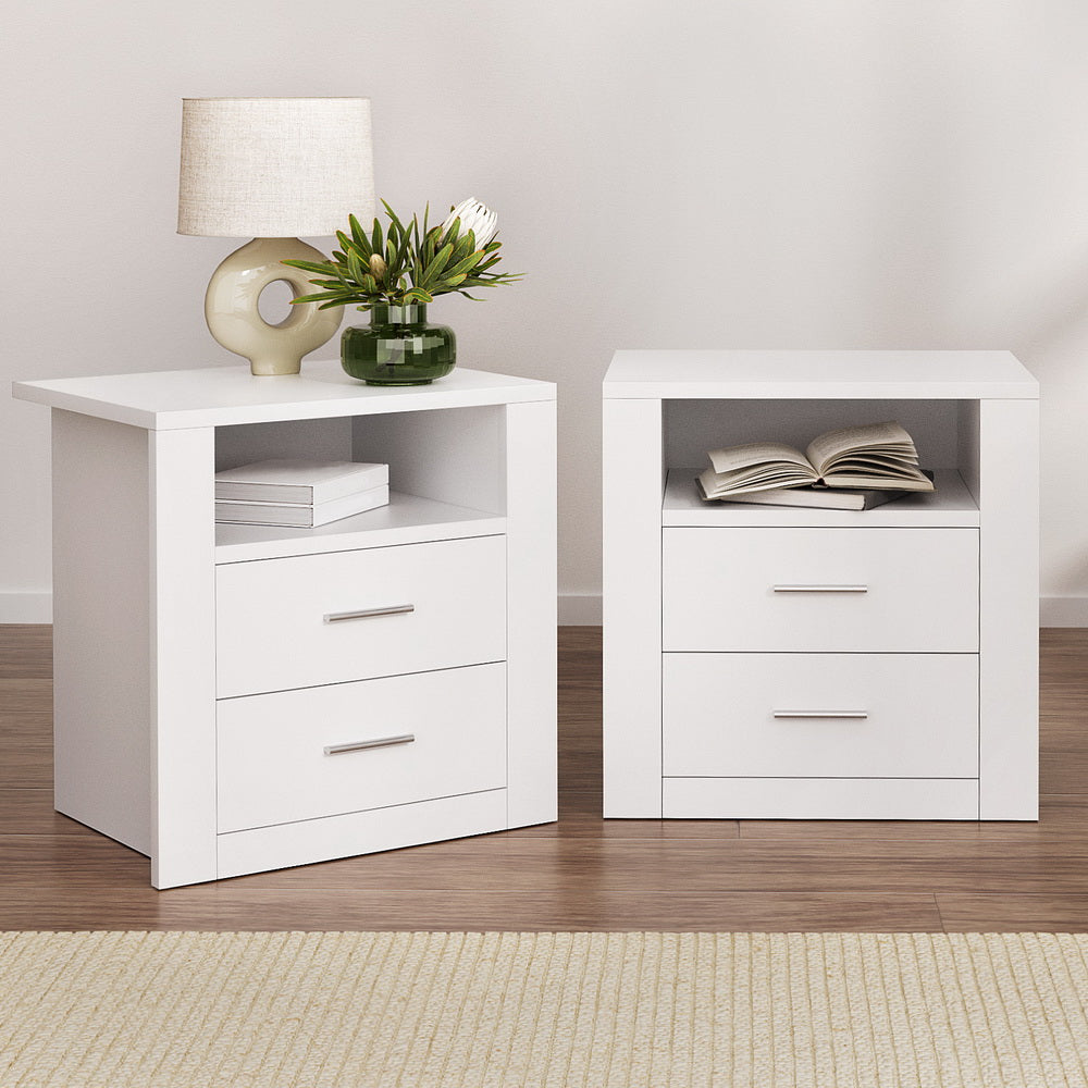 2 X Bedside Table 2 Drawers with Shelf - TARA White