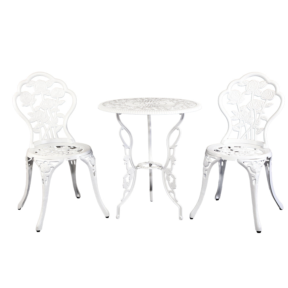 3PC Outdoor Setting Bistro Set Chairs Table Cast Aluminum Patio Furniture Rose White