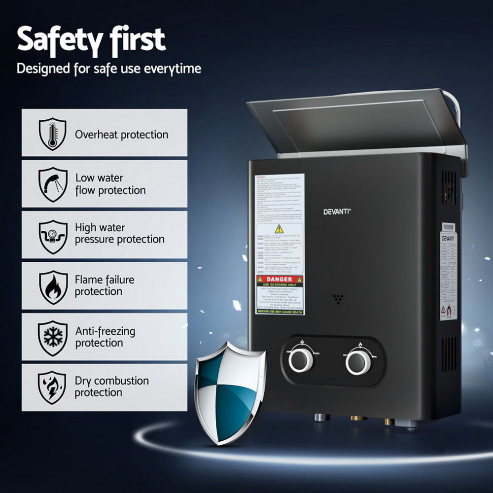 Portable Gas Water Heater LPG-powered System Black
