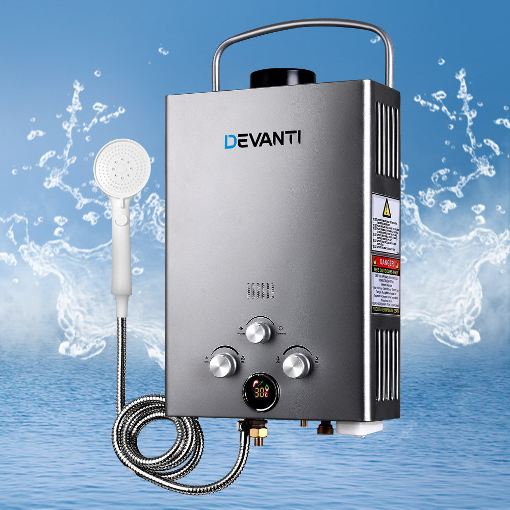 Portable Gas Water Heater 8L/Min LPG System Grey
