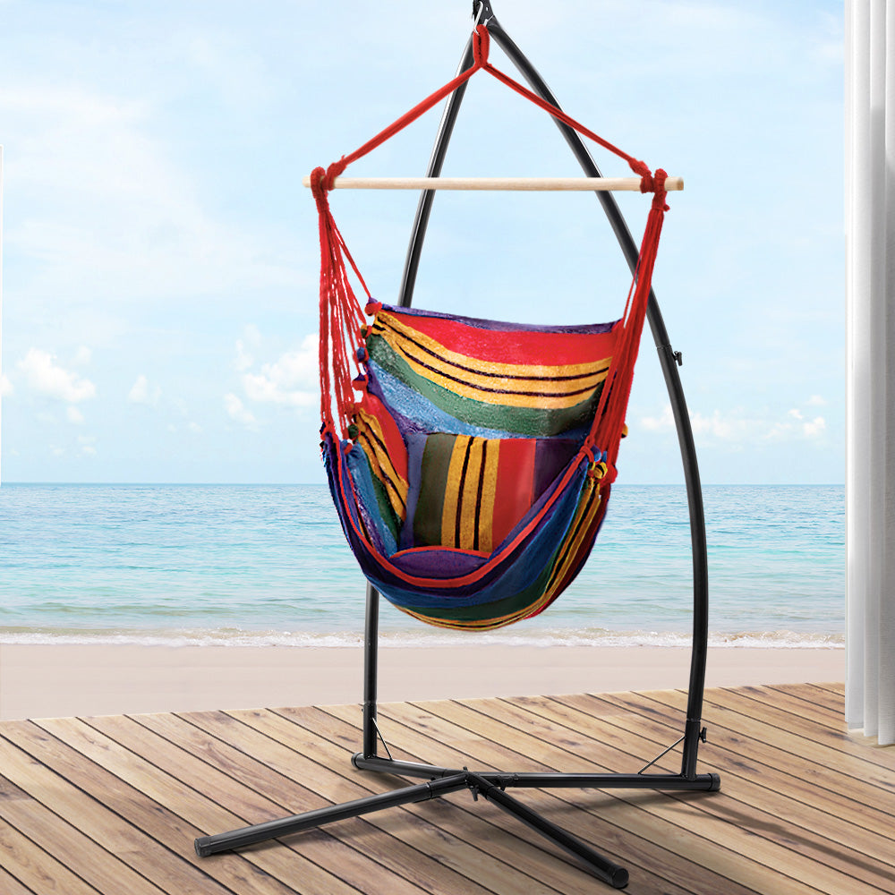 Hammock Chair Outdoor Camping Hanging with Steel Stand Rainbow