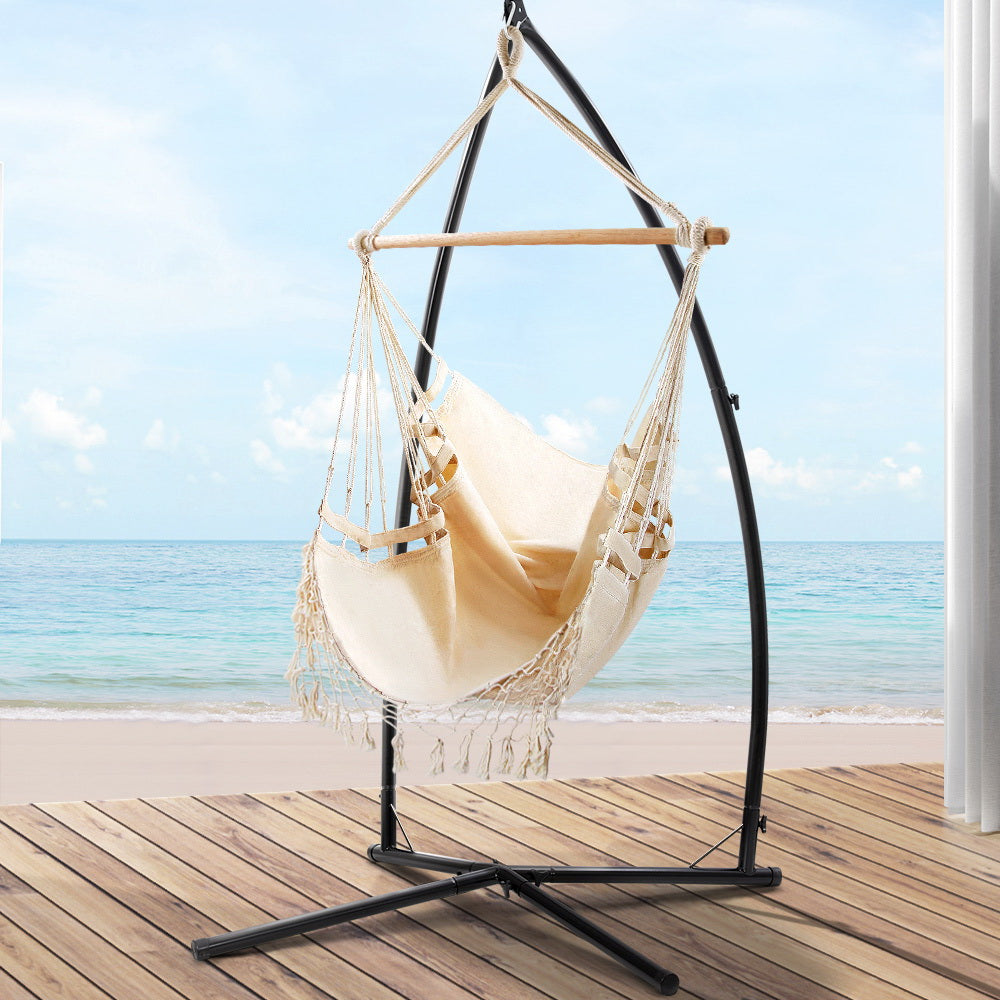 Hammock Chair with Steel Stand Hanging Outdoor Tassel Cream