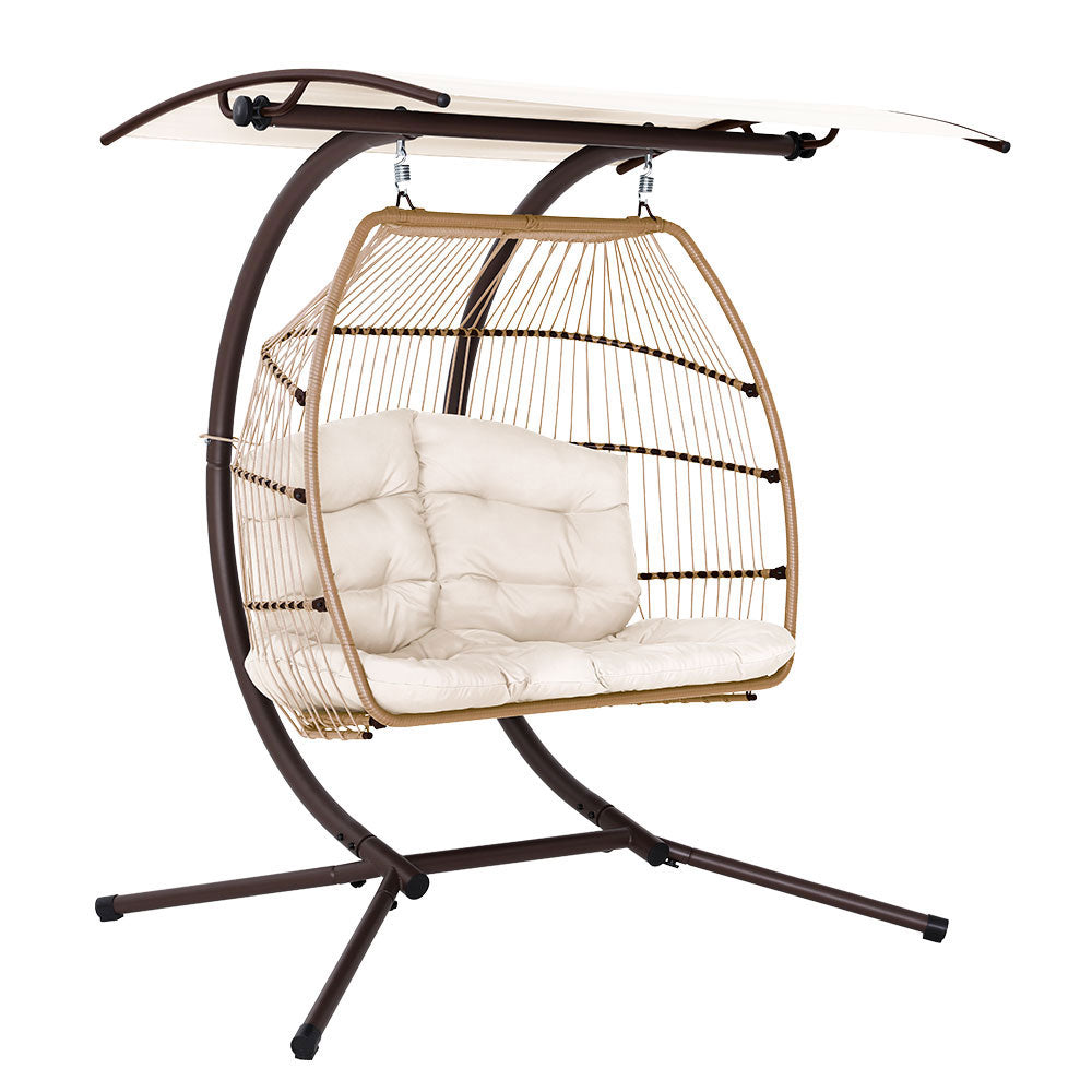 Outdoor Egg Swing Chair Wicker Furniture Pod Stand Canopy 2 Seater Latte