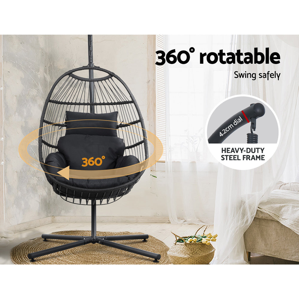 Outdoor Egg Swing Chair Hanging Chair Wicker Rope Pod Stand Foldable Grey