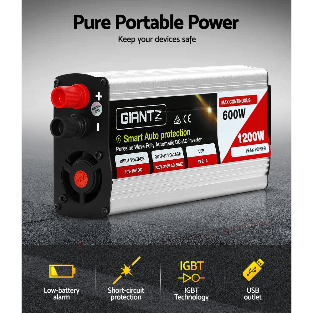 Power Inverter 600W/1200W 12V to 240V Pure Sine Wave Camping Car Boat