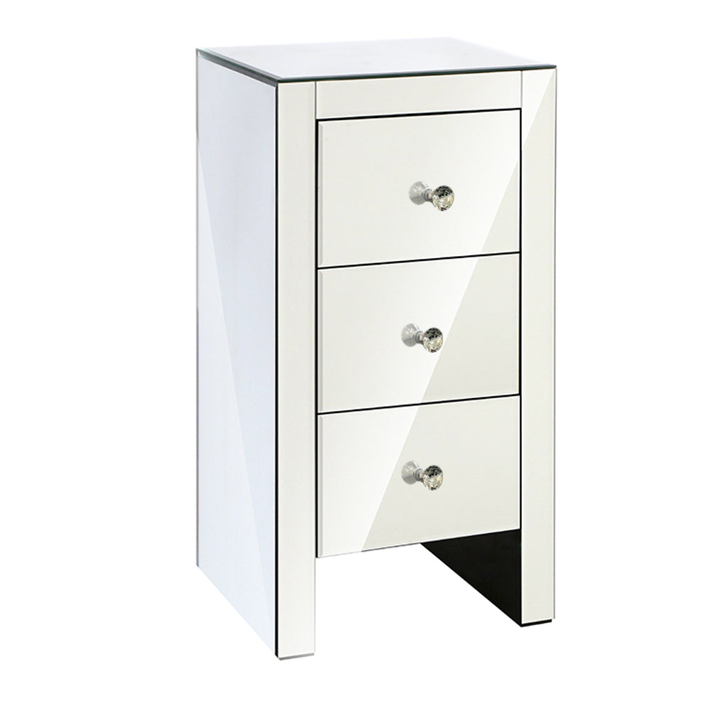 Bedside Table 3 Drawers Mirrored - QUENN Silver
