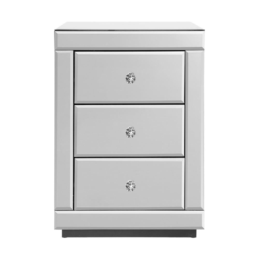 Set of 2 Bedside Table 3 Drawers Mirrored Glass - PRESIA Silver