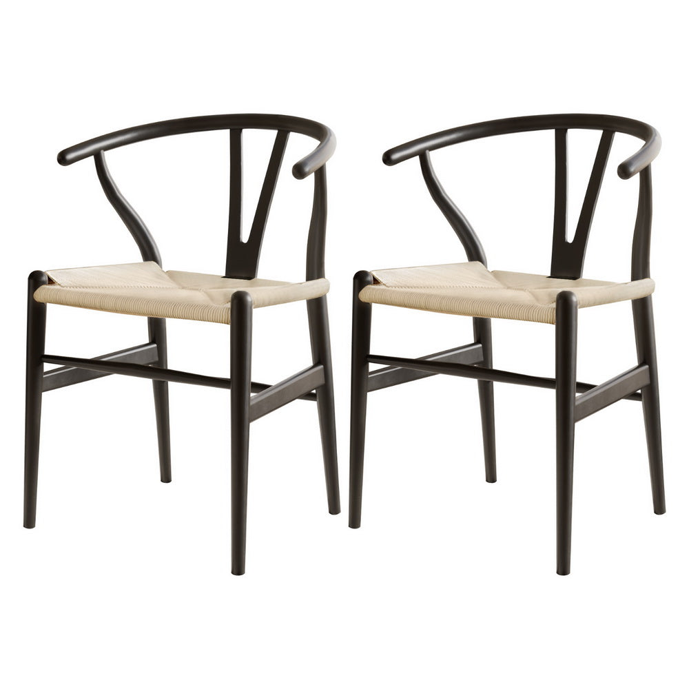 1 Set of 2 Dining Chairs Wooden Rattan Wishbone Black