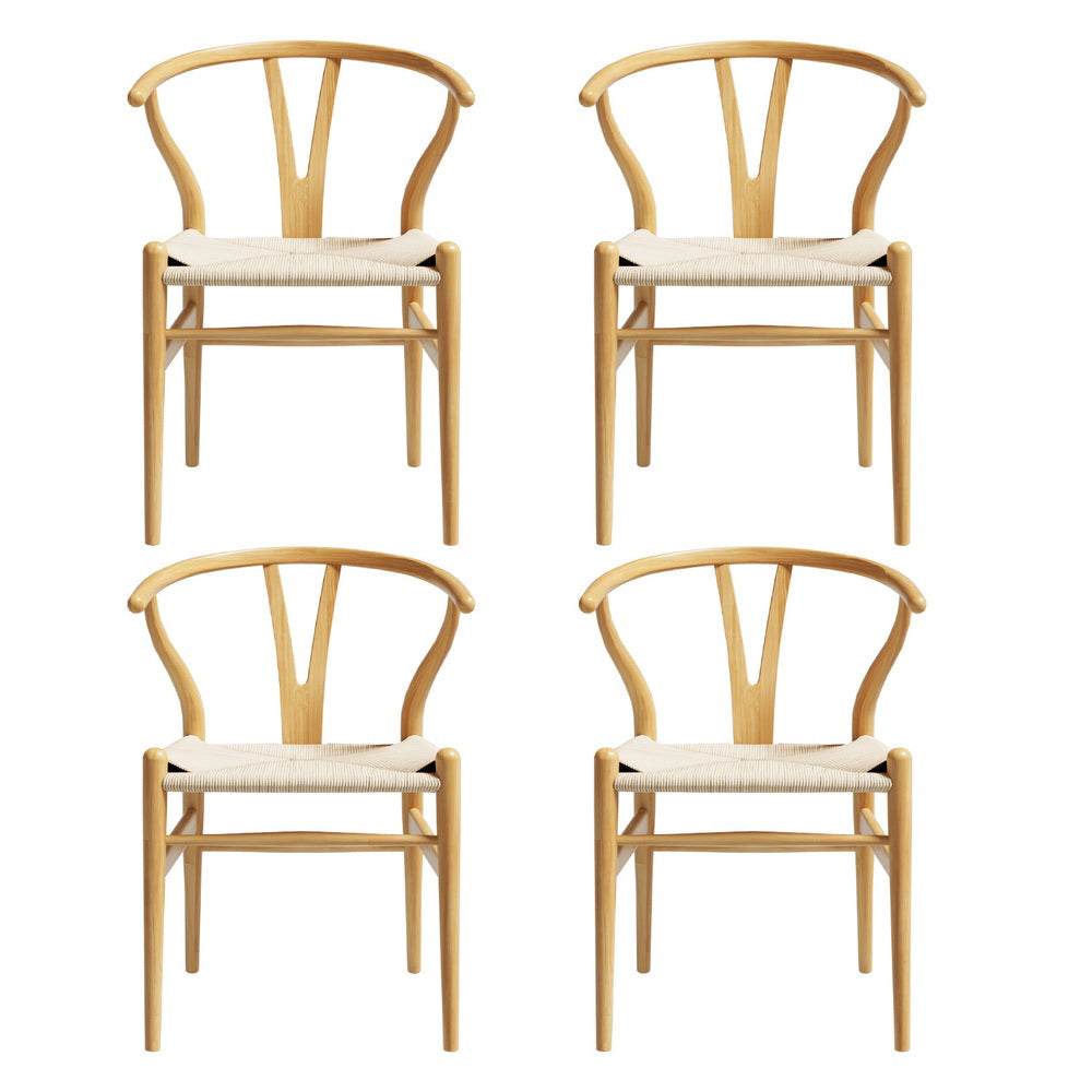 1 Set of 4 Dining Chairs Wooden Rattan Seat Wishbone Back