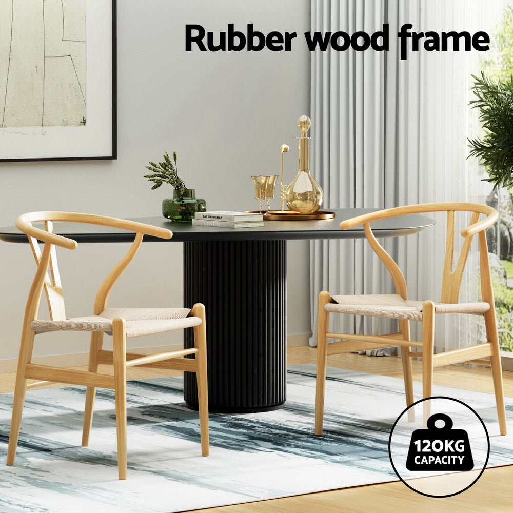 1 Set of 4 Dining Chairs Wooden Rattan Seat Wishbone Back