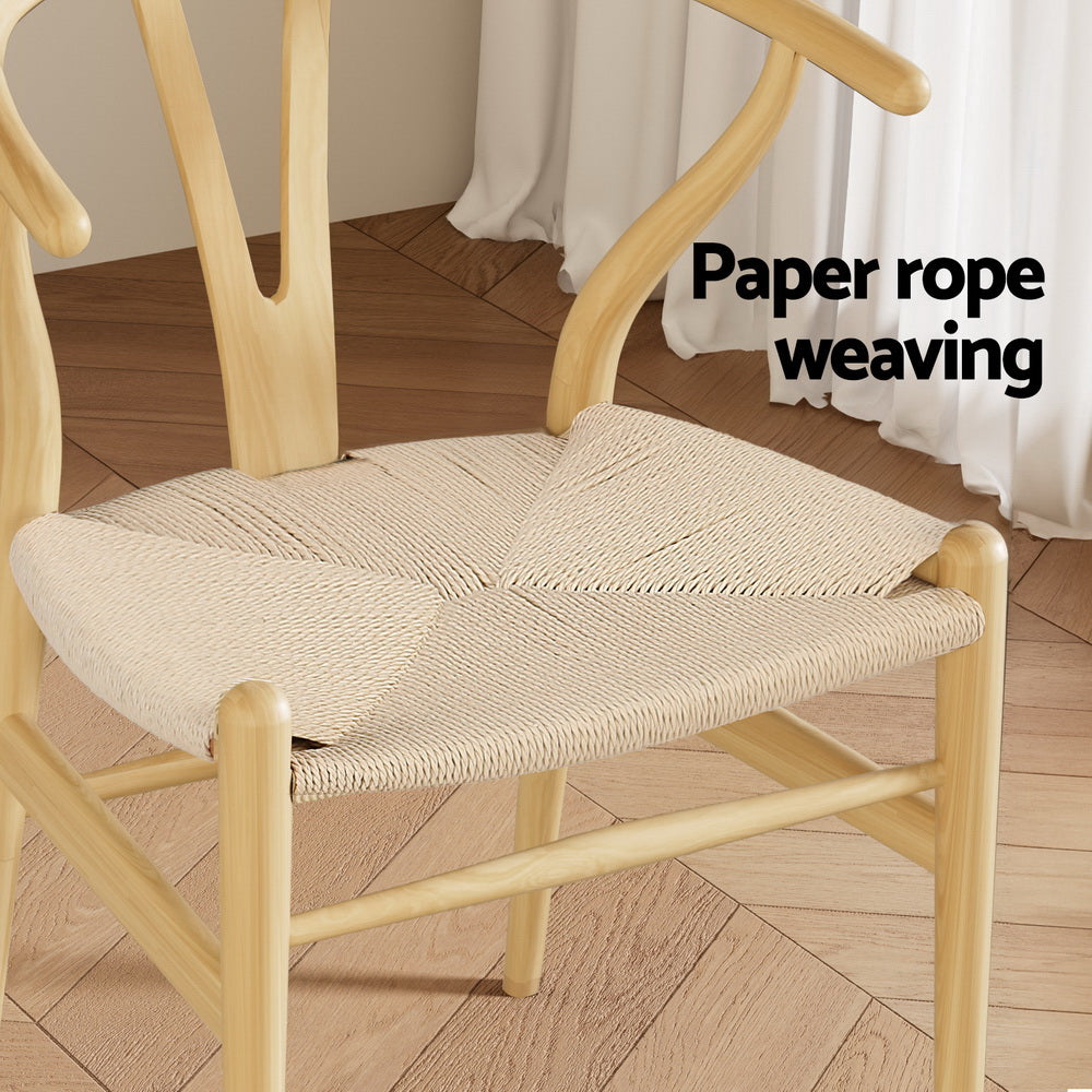 1 Set of 4 Dining Chairs Wooden Rattan Seat Wishbone Back