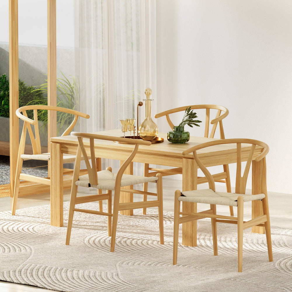 1 Set of 4 Dining Chairs Wooden Rattan Seat Wishbone Back
