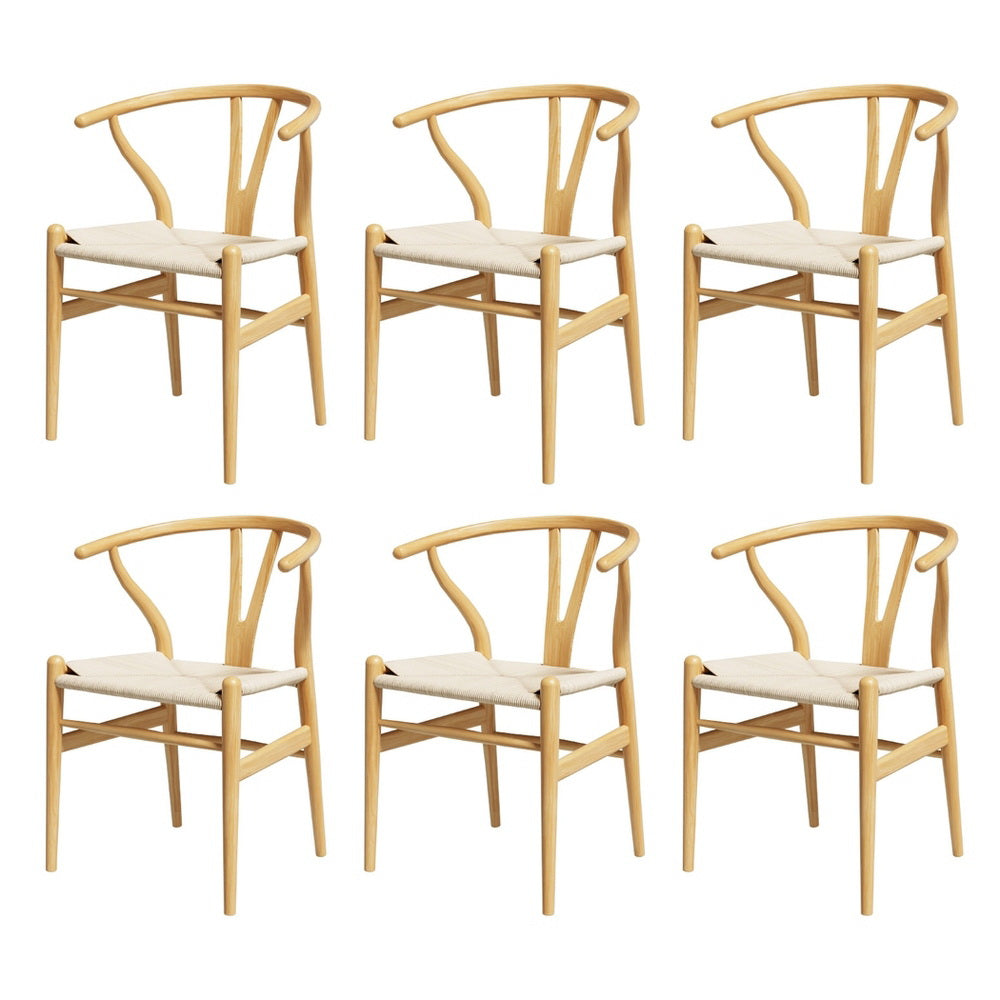 1 Set of 6 Dining Chairs Wooden Rattan Seat Wishbone Back