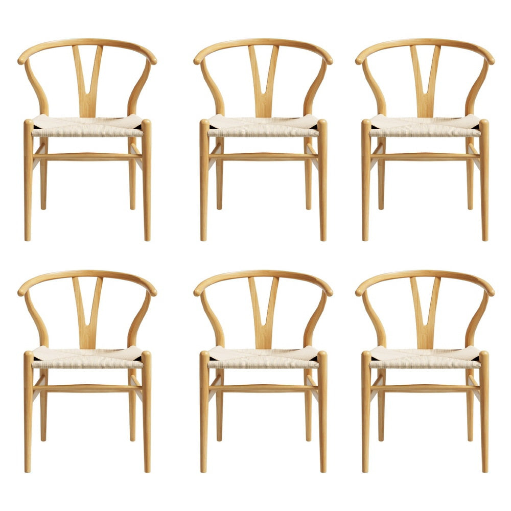 1 Set of 6 Dining Chairs Wooden Rattan Seat Wishbone Back