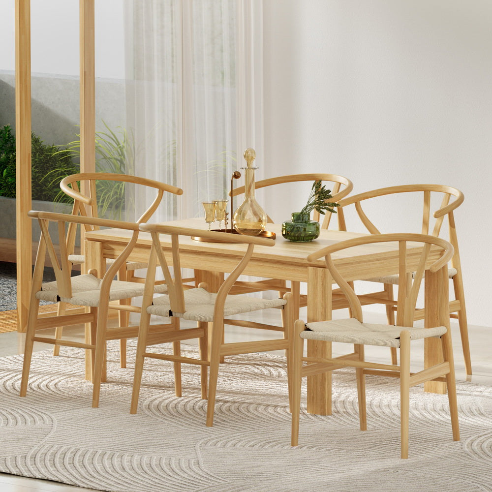 1 Set of 6 Dining Chairs Wooden Rattan Seat Wishbone Back