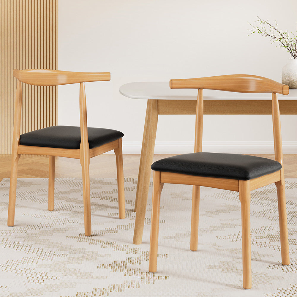 2x Dining Chairs Rubber Wood Leather Seat Black