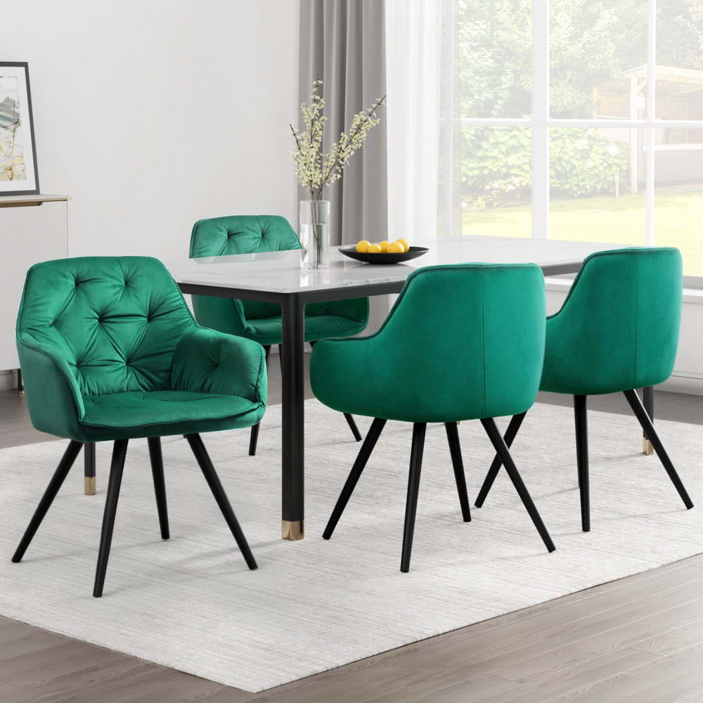 Dining Chairs Set of 4 Velvet Diamond Tufted Armchair Green