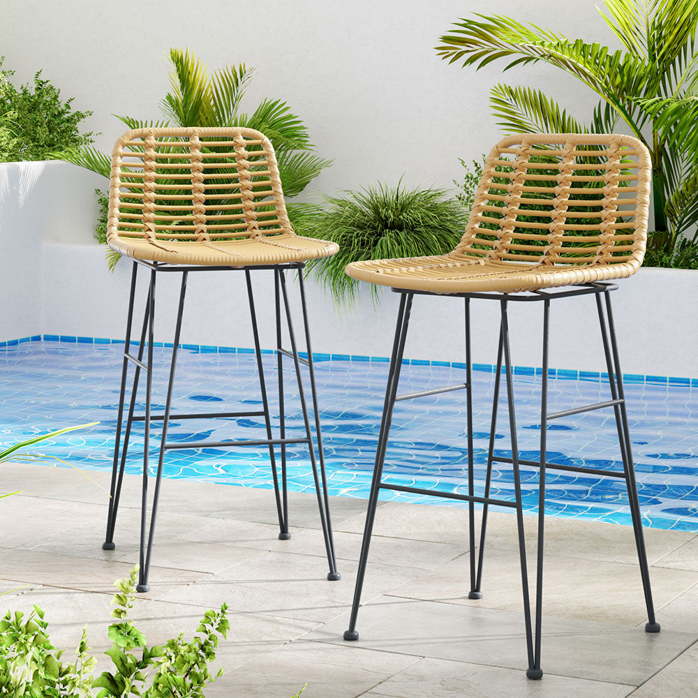 2x Outdoor Bar Stools Rattan Nature