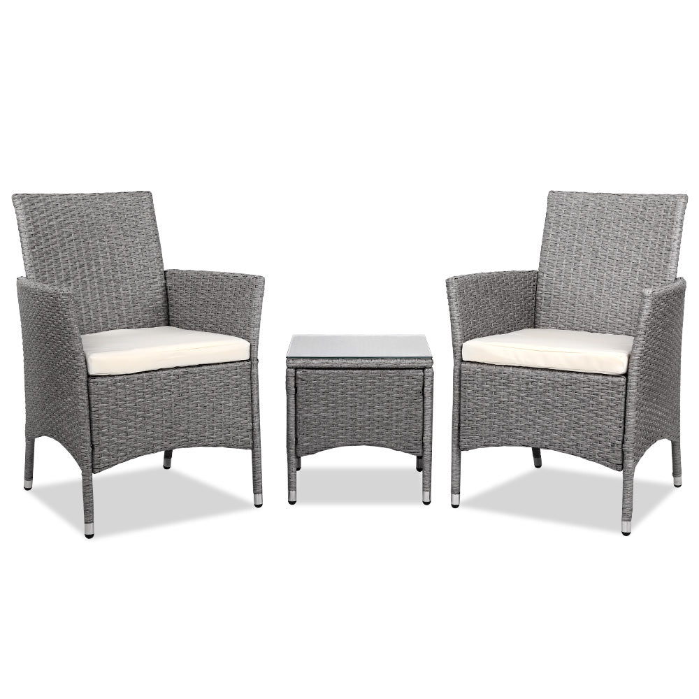 3PC Outdoor Bistro Set Patio Furniture Wicker Setting Chairs Table Cushion Grey