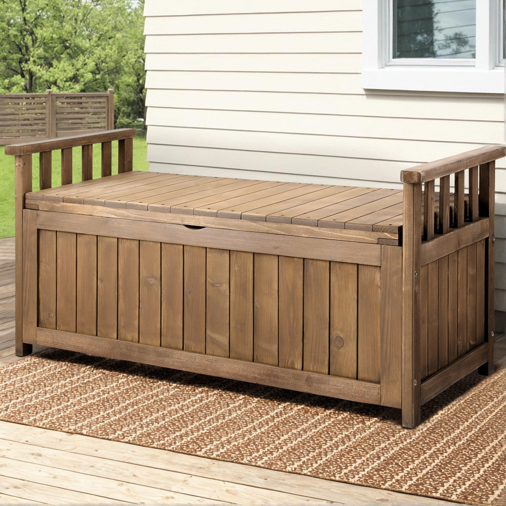 Outdoor Storage Bench Box Wooden Garden Toy Tool Sheds Patio Furniture Brown