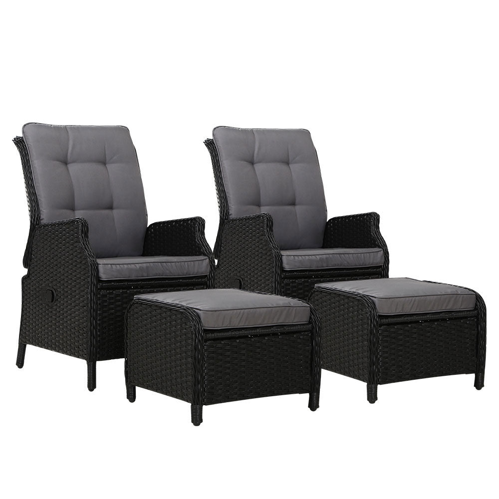 2PC Recliner Chair Sun lounge Wicker Lounger Outdoor Furniture Adjustable Black